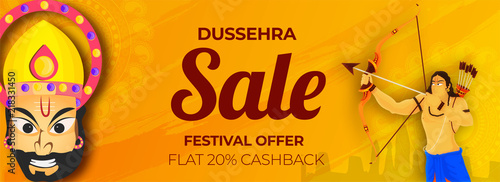 Dussehra Sale header or banner design with 20% cashback offer, Hindu Mythological Lord Rama taking an aim toward Demon Ravana on abstract orange background. photo