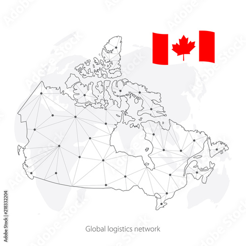 Global logistics network concept. Communications network map of the Canada on the world background. Map Canada with nodes in polygonal style and flag. Vector illustration EPS10. 