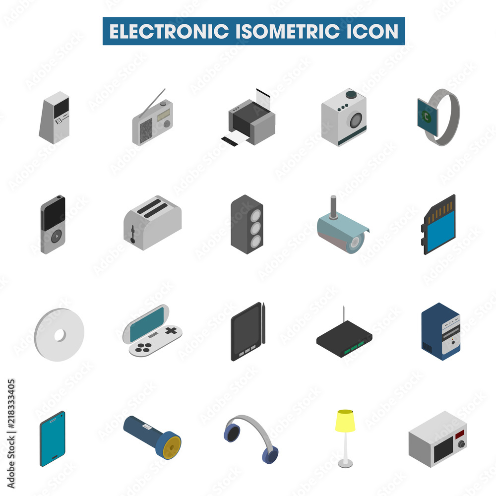Isometric collection of Electronic icon on white background.