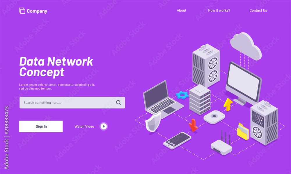 Data Network concept based landing page design with isometric illustration of desktop, laptop and smartphone connected with server on purple background. Data Network concept based landing page design with isometric illustration of desktop, laptop and smartphone connected with server on purple background.