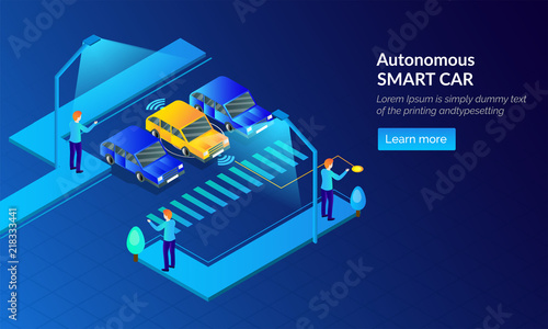 Responsive web template design, isometric smart car with sensor, futuristic Autonomous vehicle technology concept.