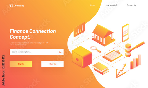 Finance Connection Concept, Isometric design for responsive web template with illustration of banking system, services with smartphone.