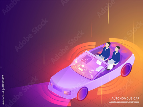 Autonomous Car responsive web template design with isometric illustration of smart car between digital rays for futuristic technology concept.