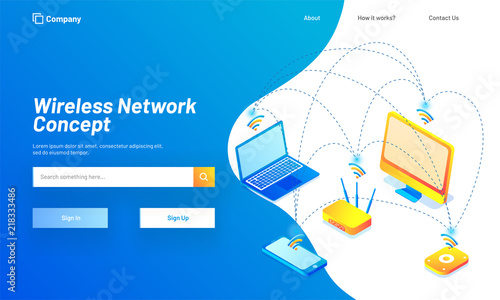Wireless Network concept based landing page design with isometric illustration of multiple digital equipments connected with wifi.