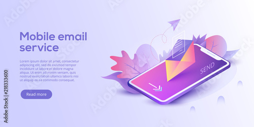 Email service isometric vector illustration. Electronic mail message concept as part of business  marketing. Webmail or mobile service layout for website landing header. Newsletter sending background.