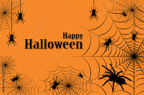 Happy Halloween spider web and spiders on orange background for greeting card, poster, banner, Vector illustration