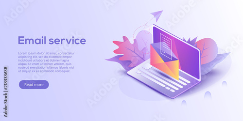 Email service isometric vector illustration. Electronic mail message concept as part of business  marketing. Webmail or mobile service layout for website landing header. Newsletter sending background.
