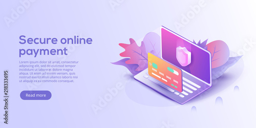 Secure online payment for e-commerce isometric vector illustration. Money transfer via Internet concept with laptop and credit card. Safe bank transaction app with id verification.