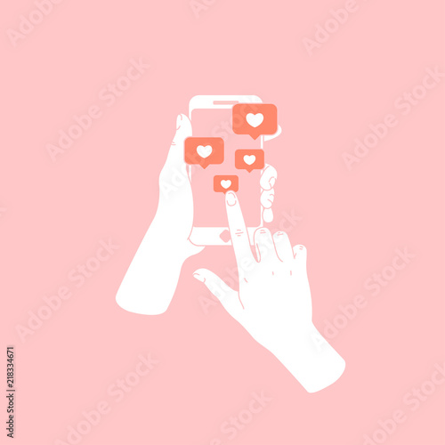 Woman hand holding smartphone. New messages and likes. Social media notifications. Vector illustration