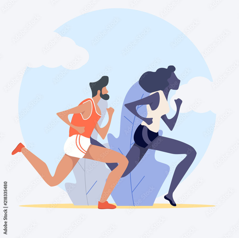 man and woman attractive running and  jogging  outdoors
