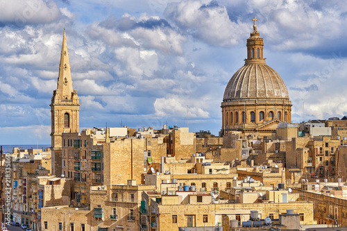 Cityscape of Valetta with the huge dome of Basilica of Our Lady of Mount Carmel
