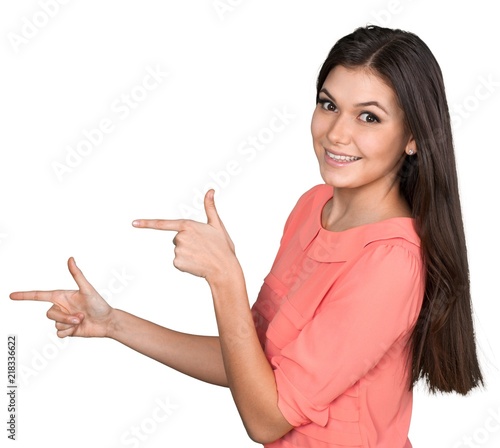 Smiling Woman Making a Guns with Fingers - Isolated