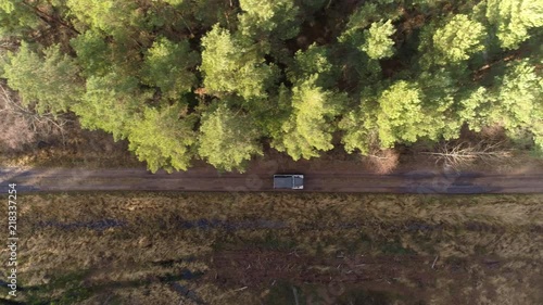 Aerial top-down drone shot of a 4x4 car driving on a forest road