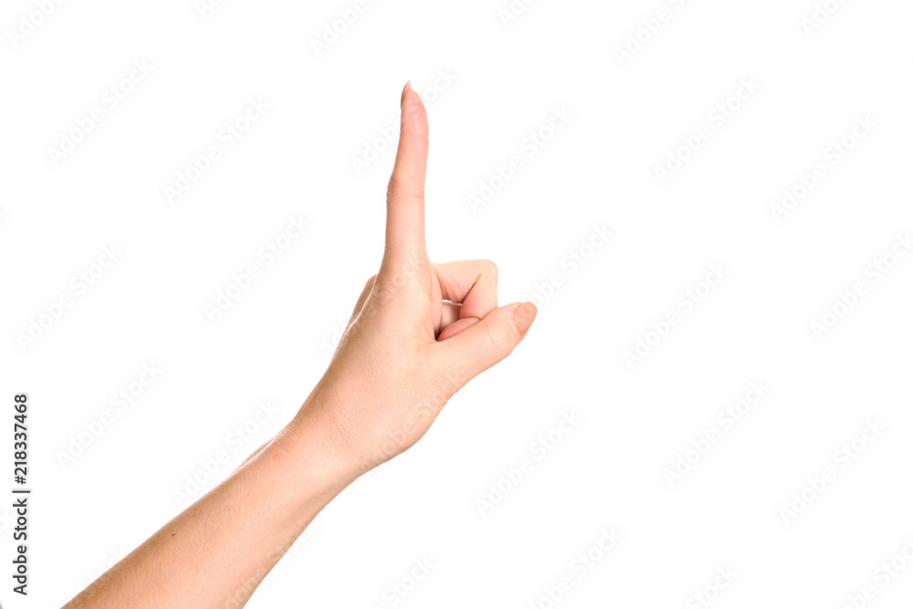 Pointing the finger, female hand, isolated. Click, business. Pointing the finger, female hand, isolated. Click, business.