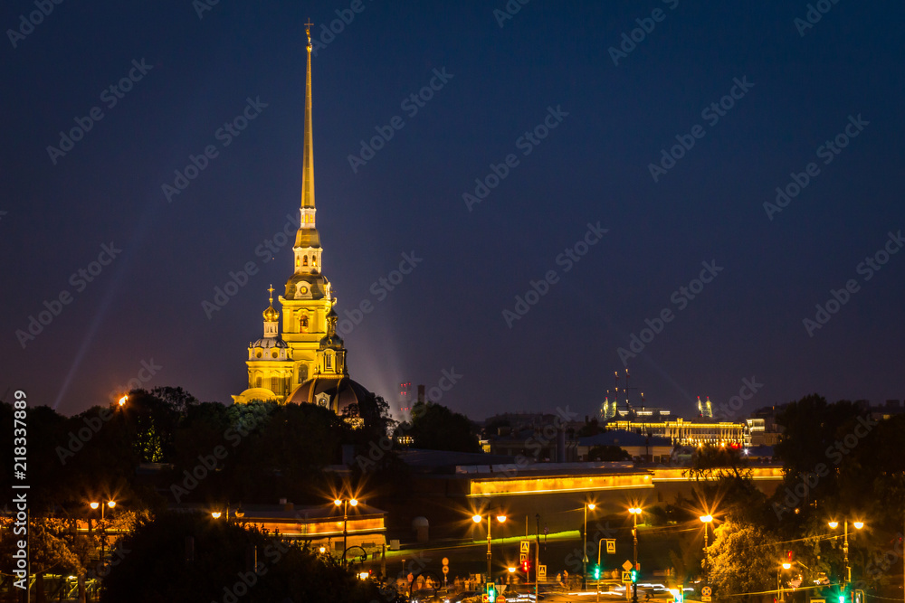 St Petersburg, Russia - July 29, 2018: night view of illuminated Peter and Paul Fortress