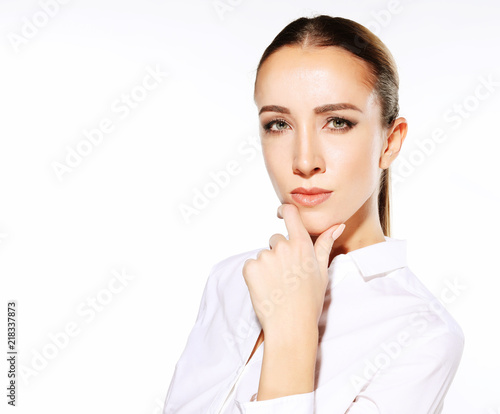 close up portrait of young business woman over white background