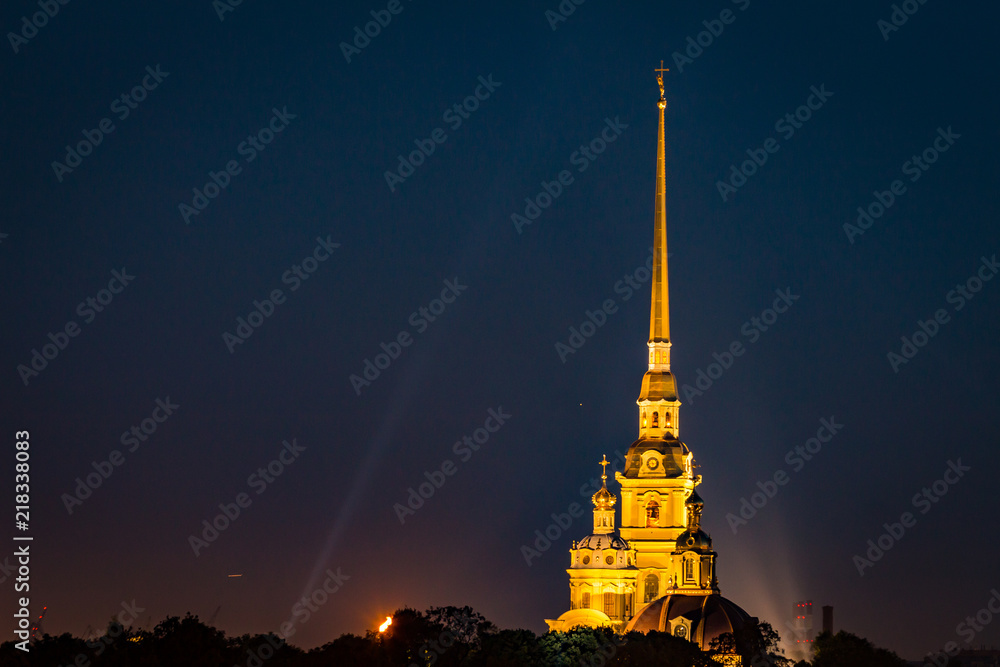 St Petersburg, Russia - July 29, 2018: night view of illuminated Peter and Paul Fortress