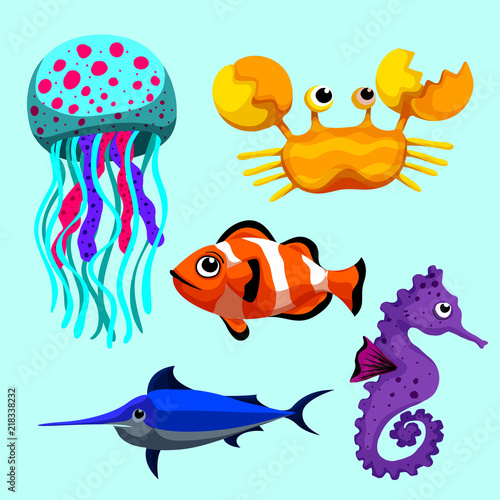 sea animals of simple color illustrations