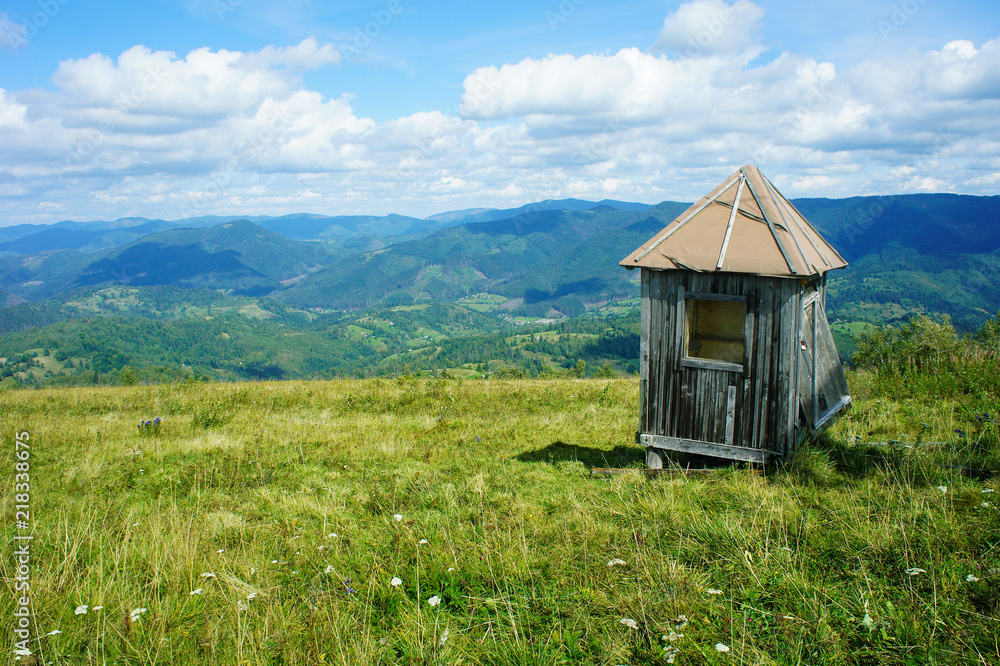 abandoned wooden shed, small house, on a green meadow, blue horizon, mountains, Ukraine