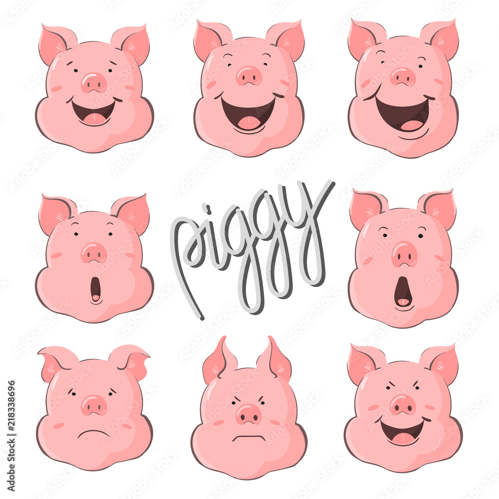 Pig vector character constructor of emotions. Portrait of a pig set. Piglet head with emotion. Cute piggy happy laughter, sad and angry. Zodiac symbol 2019. Pig vector character constructor of emotions. Portrait of a pig set. Piglet head with emotion. Cute piggy happy laughter, sad and angry. Zodiac symbol 2019.