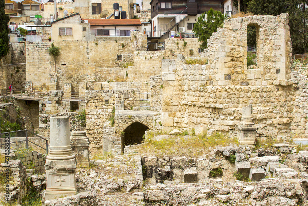 Part of the excavated ruins of the old Pool of Bethesda in Jerusalem