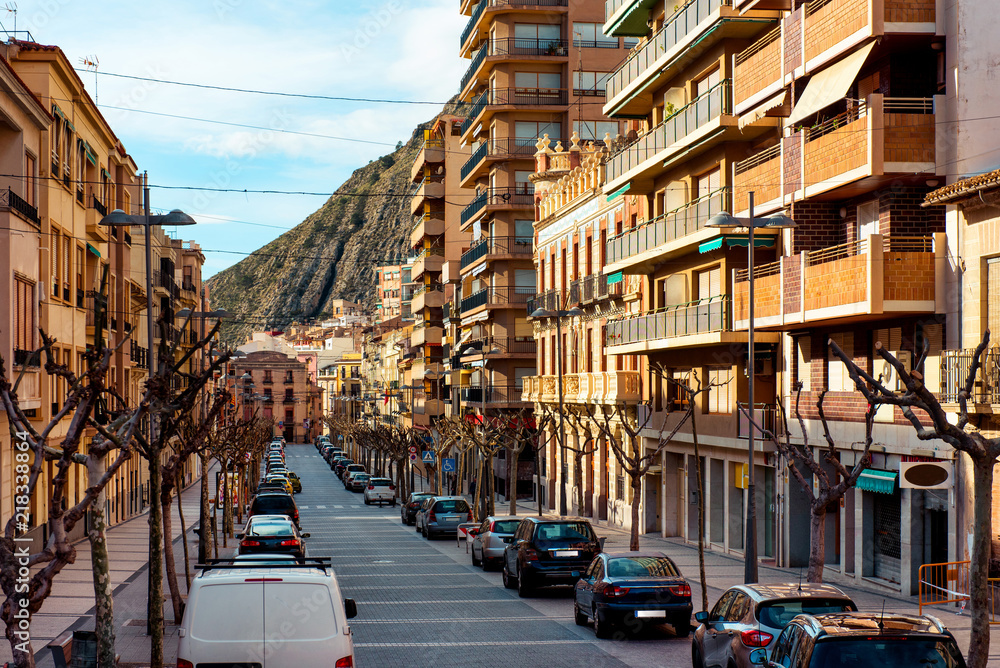 Central street of Jijona/Xixona town. Alicante province. Spain