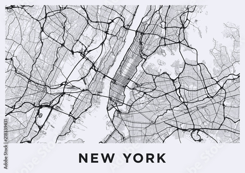 Light New York City map. Road map of New York (United States). Black and white (light) illustration of new york streets. Transport network of the Big Apple. Printable poster format (album).