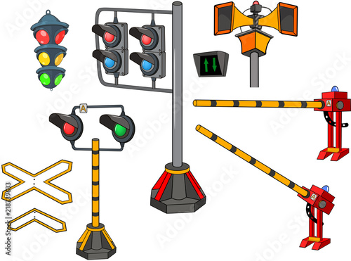 Set of  Cartoon Illustration.  Railway Traffic Light. Semaphore. Cartoon