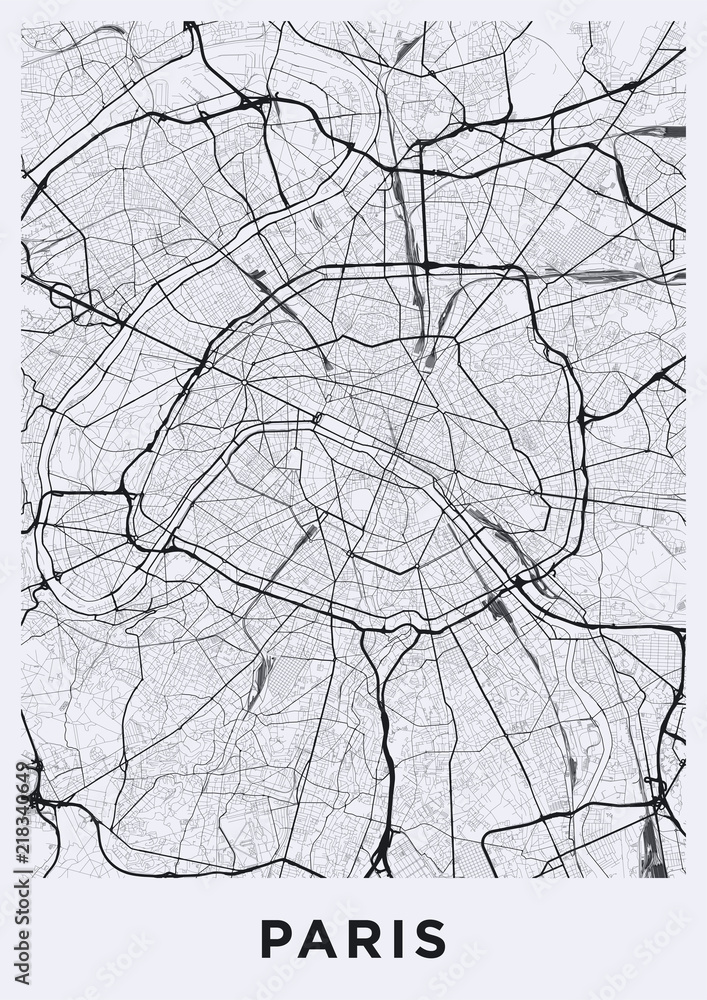 Light Paris city map. Road map of Paris (France). Black and white (light) illustration of parisian streets. Printable poster format (portrait).