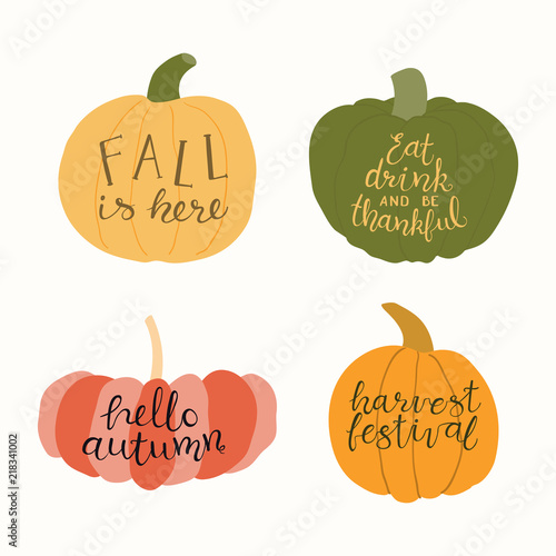 Hand drawn vector illustration of a different pumpkins, with harvest, fall lettering quotes. Isolated objects on white background. Flat style design. Concept for gardening, autumn harvest.