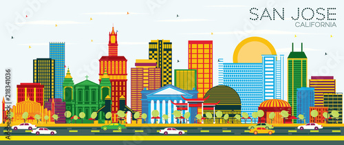 San Jose California Skyline with Color Buildings and Blue Sky.