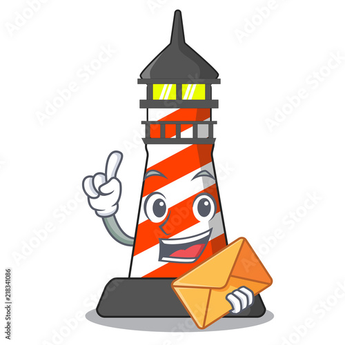 With envelope cartoon realistic red lighthouse building