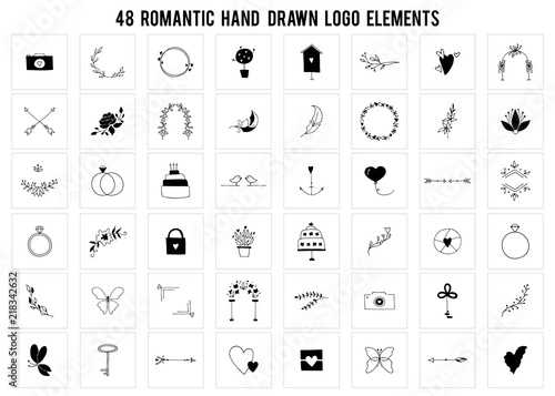Romantic logo elements set. Vector hand drawn objects.