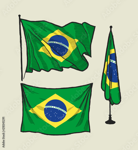 Flag of Brazil on the wind illustration set.