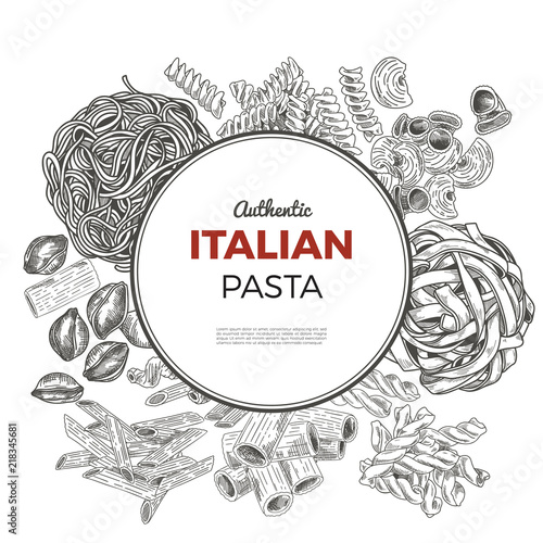 Round poster with hand drawn pasta. 