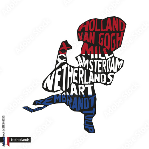 Typography map silhouette of Netherlands in black and flag colors.