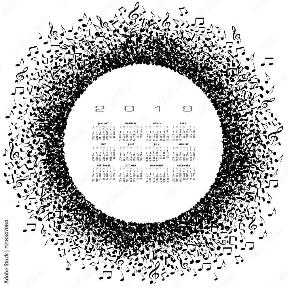 A 2019 music calendar with a circle of musical notes and space for type