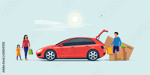 Flat vector illustration of a man with family coming from shopping and loading the car trunk with purchase carton boxes. Oversized big tv box doesn't fit. Isolated on blue background.