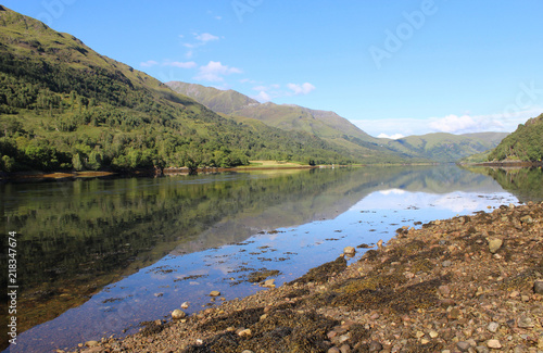 Beatiful summers view of Loch Leven from the shore at Caolasnacon naer Kinlochleven in the Scottish Highlands.