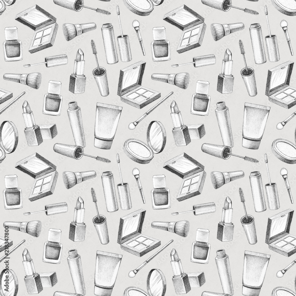 Pencil drawing of make up products. Hand drawn cosmetics set. Seamless pattern Pencil drawing of make up products. Hand drawn cosmetics set. Seamless pattern