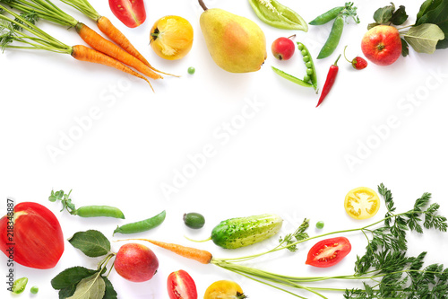 Various vegetables and fruits isolated on white background  top view  flat layout. Concept of healthy eating  food background. Frame of vegetables with space for text.