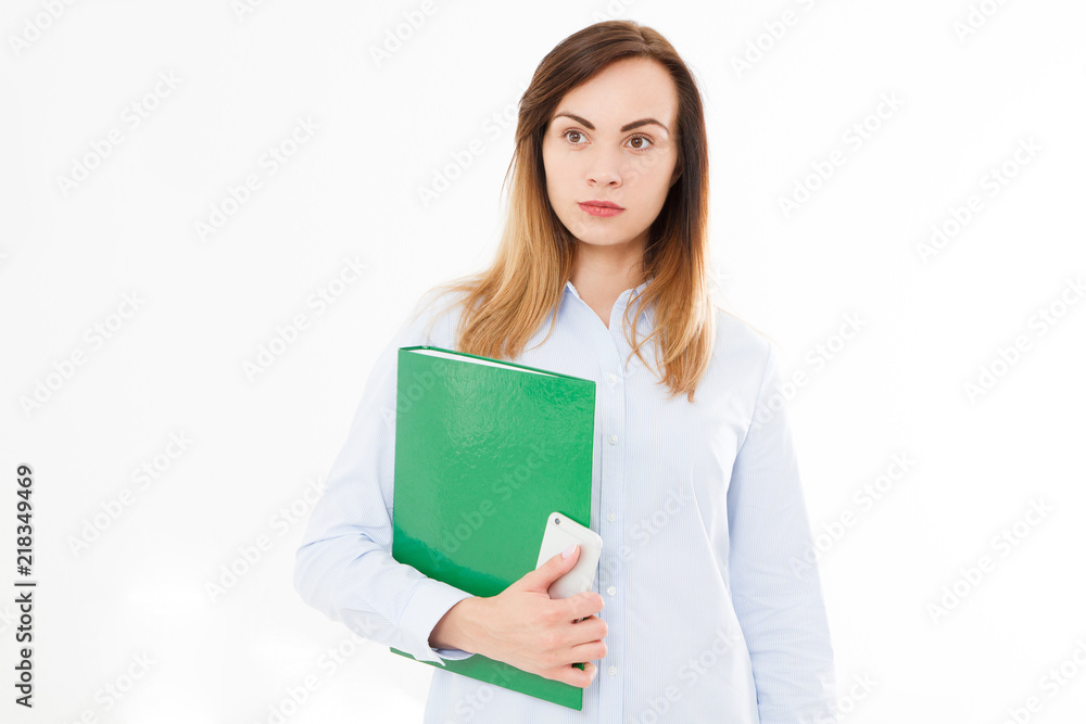 Isolated portrait of business woman, girl with smartphone.Confident young manager. Copy space Isolated portrait of business woman, girl with smartphone.Confident young manager. Copy space