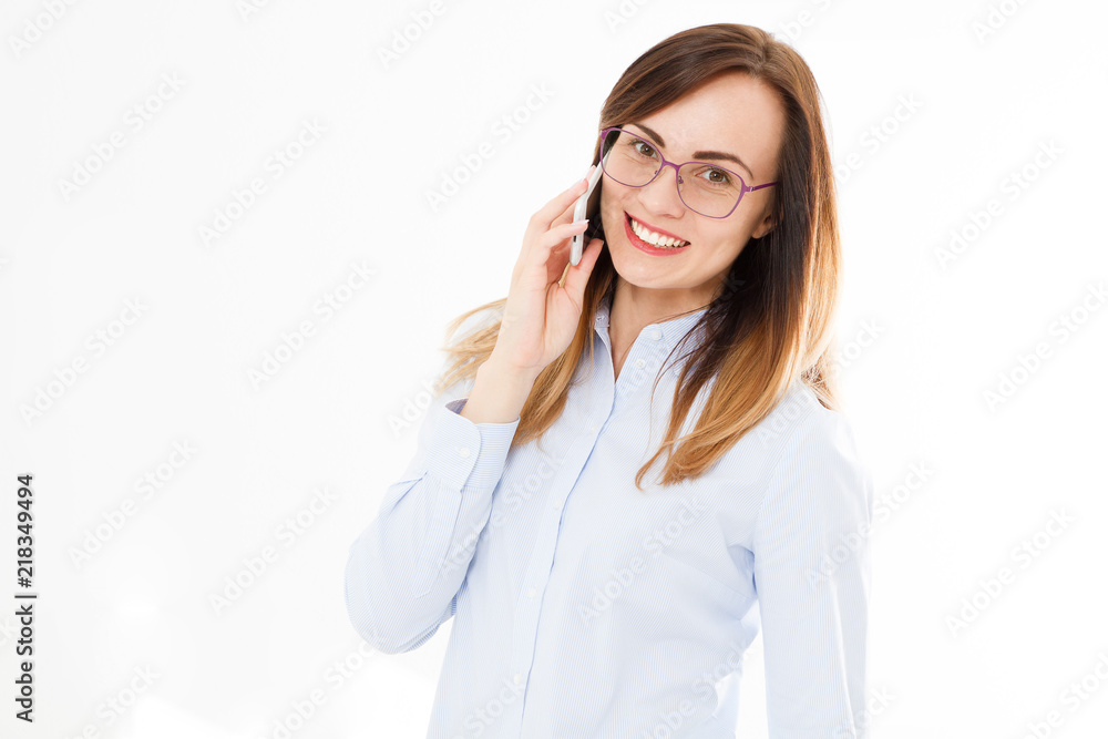 Isolated portrait of business woman, girl with smartphone.Confident young manager. Copy space Isolated portrait of business woman, girl with smartphone.Confident young manager. Copy space