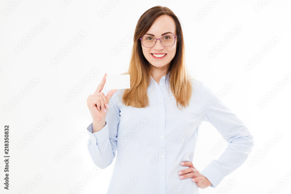 Young smiling woman holding a blank business card isolated on white background. Copy space Young smiling woman holding a blank business card isolated on white background. Copy space