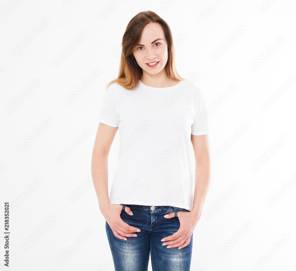 Obraz premium T-shirt design, people concept - closeup of young woman in white shirt, front isolated. Mock up template for design print. Copy space