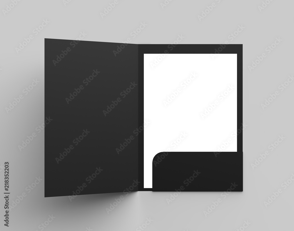 A4 size single pocket reinforced black folder mock up isolated on gray background. 3D illustration. A4 size single pocket reinforced black folder mock up isolated on gray background. 3D illustration.