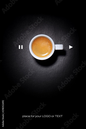 Coffee Poster Advertisement. Coffee cup on  black table. Top view with copyspace for your text