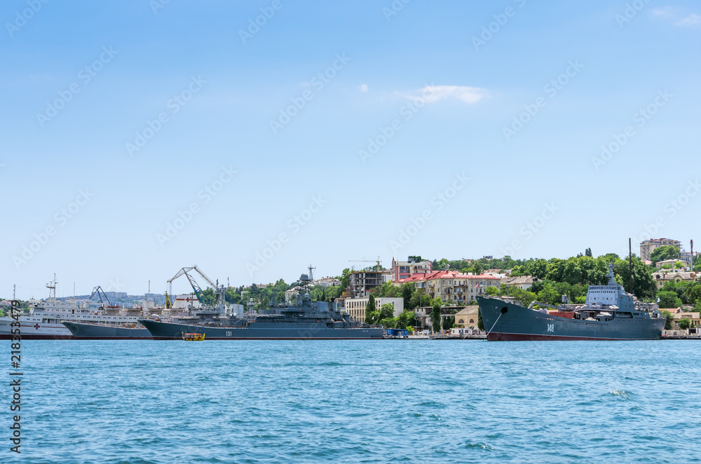 Russia, the peninsula of Crimea, the city of Sevastopol, 06/10/2018: Ships in the Black Sea Fleet in the Sevastopol Bay
