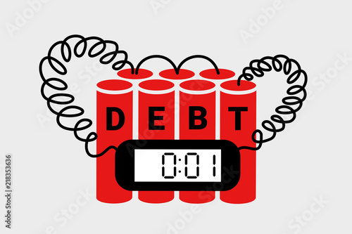 Debt and indebted economy as explosive bomb leading to collapse, breakdown, financial crisis and bankruptcy. Danger and threat of loans and liabilities. Vector illustration