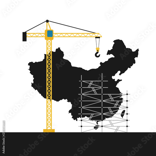 China as emerging and developing country and state. Boom of construction investment and development as metaphor of prosperity, progression, modernization and innovative growth. Vector illustration